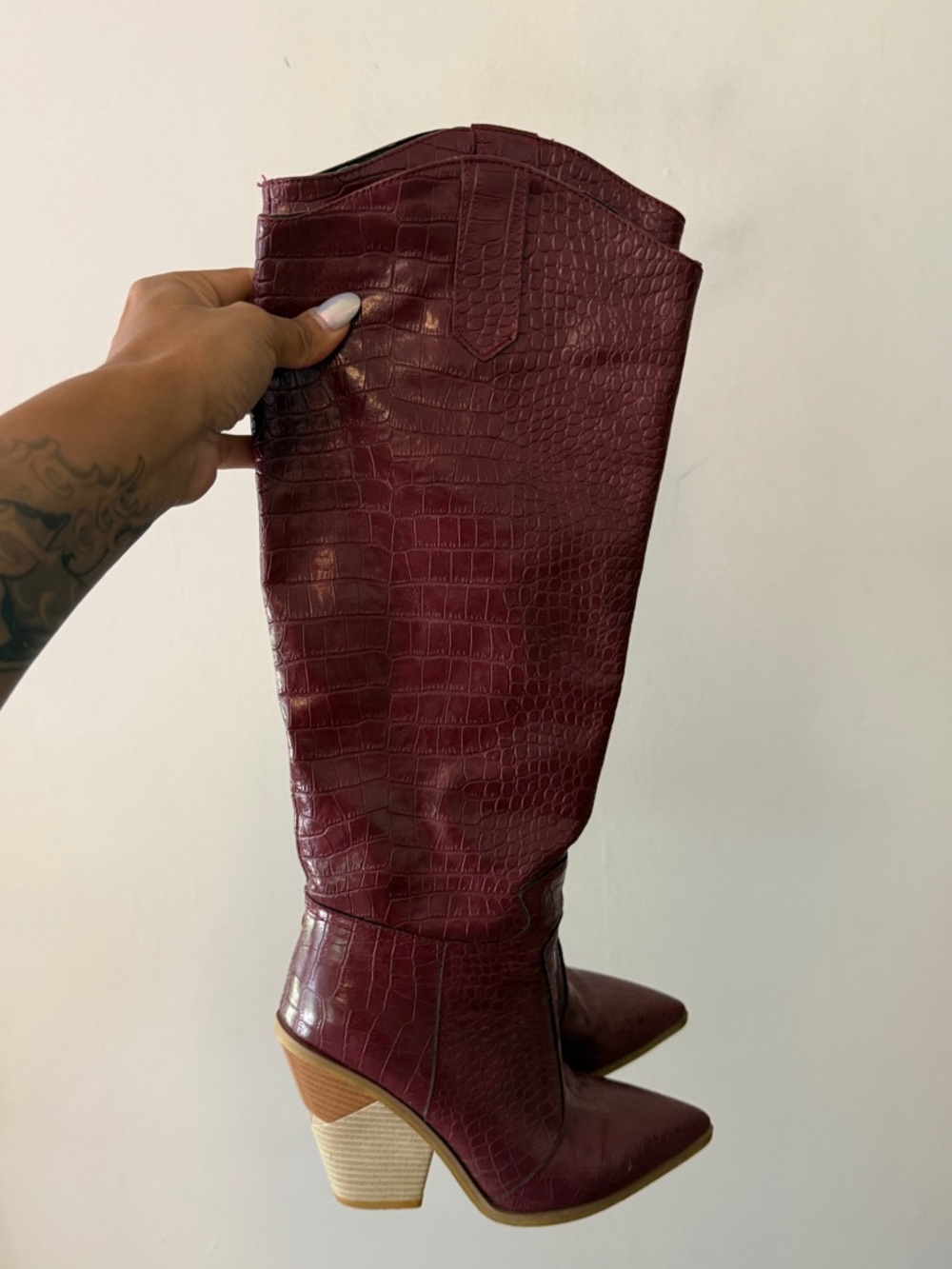 Women’s Burgundy Croc-Embossed Knee Boots